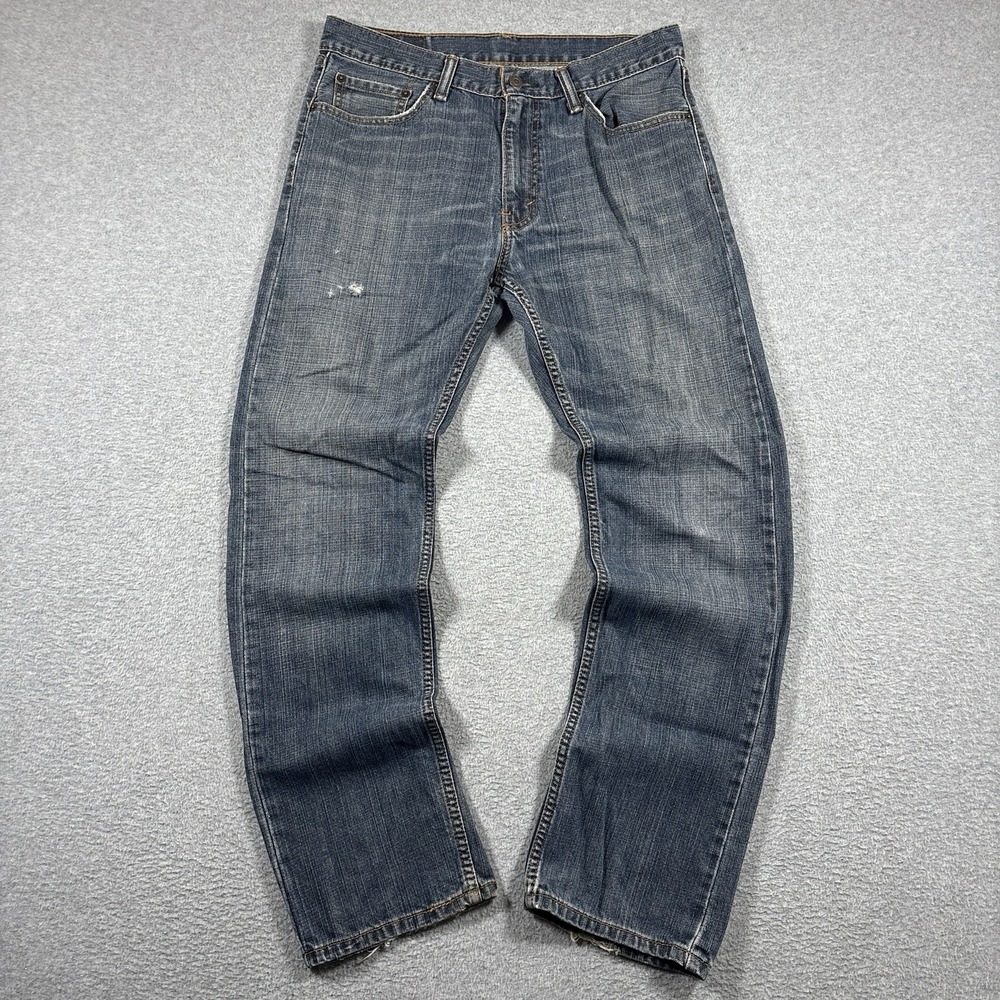 Levis 505 Regular Fit Straight Leg Jeans Mens 32x32 Dark Wash Distressed Y2K